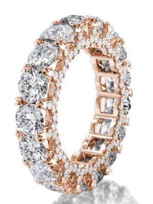 Rose Gold Eternity Wedding Band - Double Prong Created White Sapphire, Sterling Silver