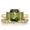 Three Stone Peridot and Emerald Cut Engagement Ring Set in 18K Gold Plated Sterling Silver