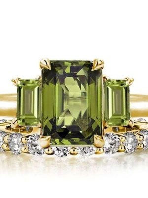 Three Stone Peridot and Emerald Cut Engagement Ring Set in 18K Gold Plated Sterling Silver