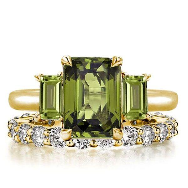 Three Stone Peridot and Emerald Cut Engagement Ring Set in 18K Gold Plated Sterling Silver