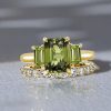 Three Stone Peridot and Emerald Cut Engagement Ring Set in 18K Gold Plated Sterling Silver