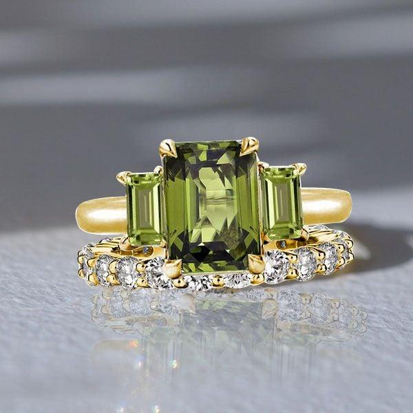 Three Stone Peridot and Emerald Cut Engagement Ring Set in 18K Gold Plated Sterling Silver
