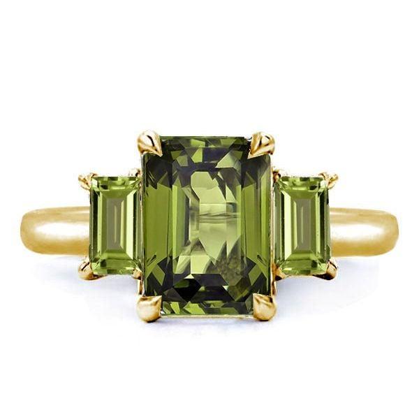 Three Stone Peridot and Emerald Cut Engagement Ring Set in 18K Gold Plated Sterling Silver