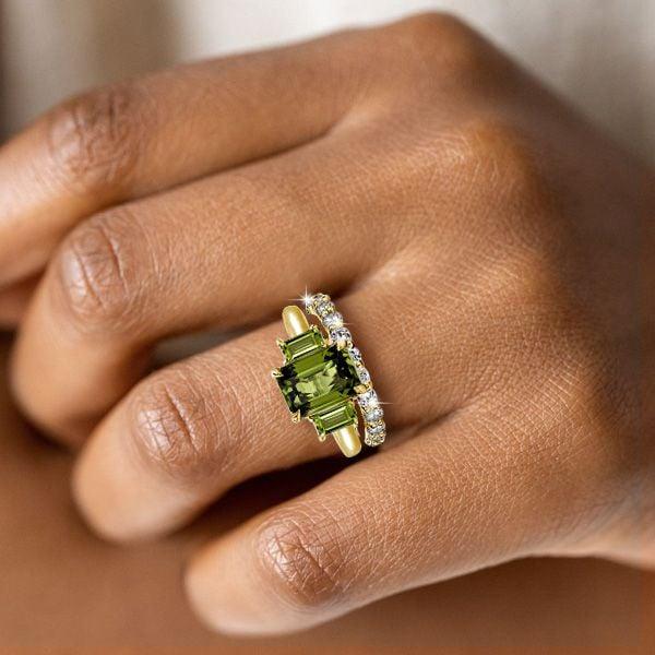Three Stone Peridot and Emerald Cut Engagement Ring Set in 18K Gold Plated Sterling Silver