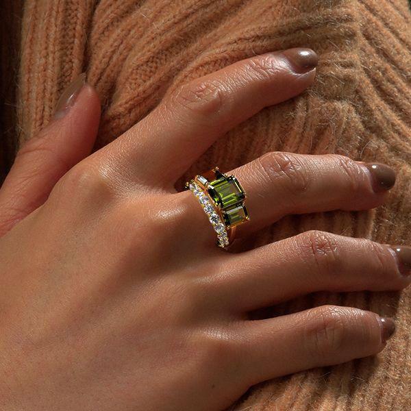 Three Stone Peridot and Emerald Cut Engagement Ring Set in 18K Gold Plated Sterling Silver