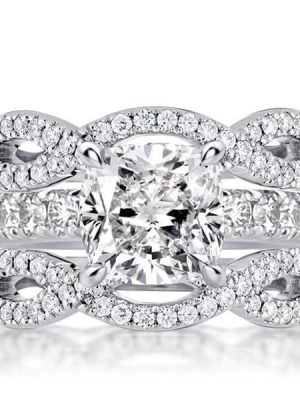 3-Piece Twist Cushion Cut Bridal Wedding Ring Set in Sterling Silver