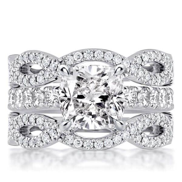 3-Piece Twist Cushion Cut Bridal Wedding Ring Set in Sterling Silver
