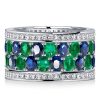 Oval Cut Blue and Emerald Multi-Row Wedding Band Ring in Sterling Silver