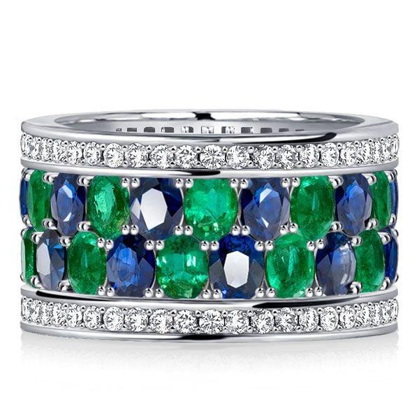Oval Cut Blue and Emerald Multi-Row Wedding Band Ring in Sterling Silver