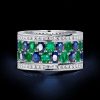 Oval Cut Blue and Emerald Multi-Row Wedding Band Ring in Sterling Silver