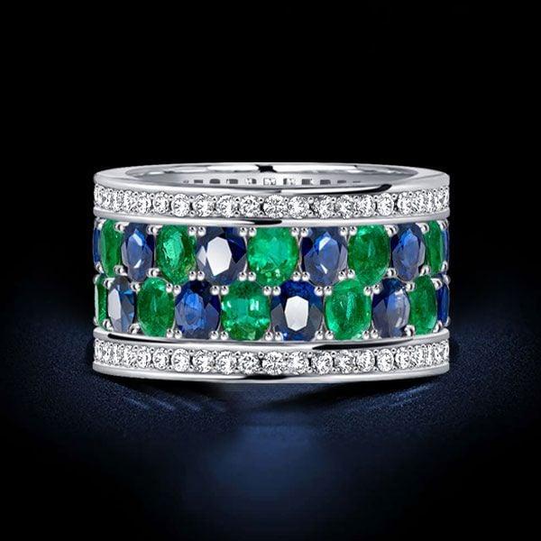 Oval Cut Blue and Emerald Multi-Row Wedding Band Ring in Sterling Silver