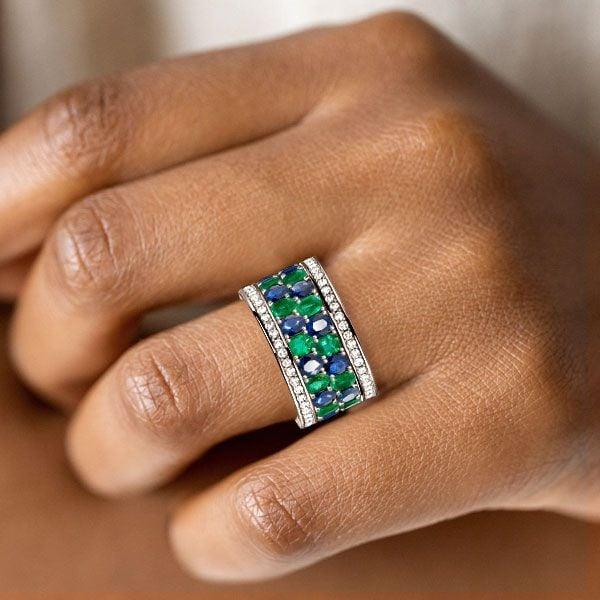 Oval Cut Blue and Emerald Multi-Row Wedding Band Ring in Sterling Silver