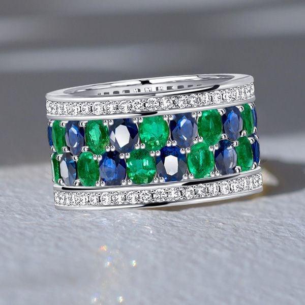 Oval Cut Blue and Emerald Multi-Row Wedding Band Ring in Sterling Silver