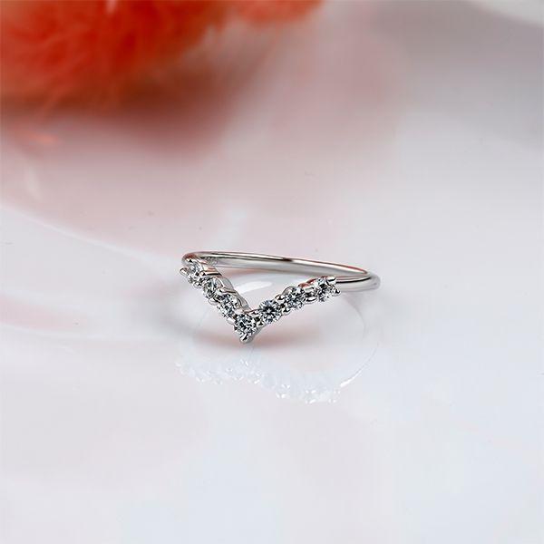 Curved Platinum Finish Wedding Band - Sterling Silver, Simulated Diamond Accent