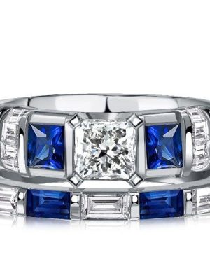 Princess Cut Blue Sapphire Bridal Set Wedding Rings in Sterling Silver