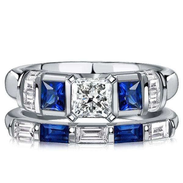 Princess Cut Blue Sapphire Bridal Set Wedding Rings in Sterling Silver