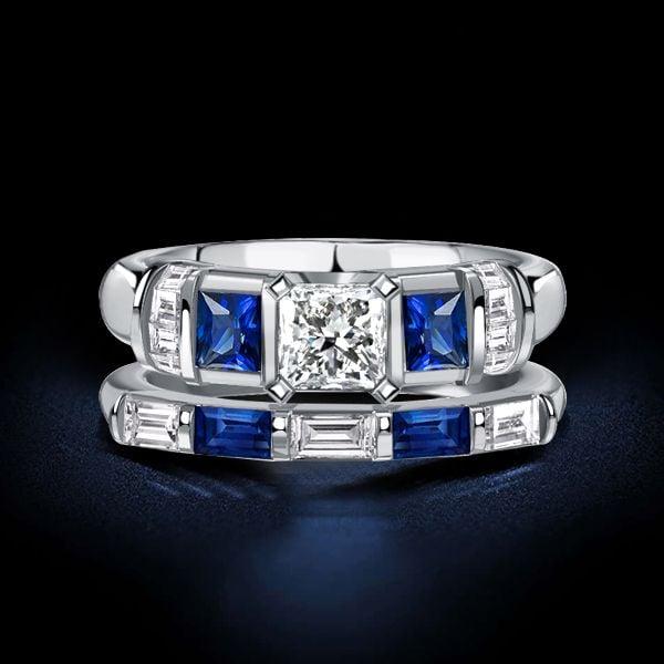 Princess Cut Blue Sapphire Bridal Set Wedding Rings in Sterling Silver
