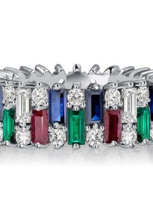 Multi-Color Baguette Cut Eternity Band - Sterling Silver Anniversary Ring