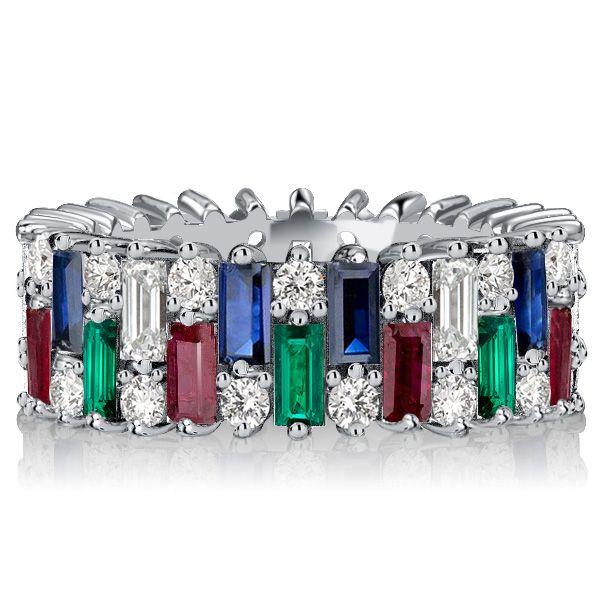 Multi-Color Baguette Cut Eternity Band - Sterling Silver Anniversary Ring