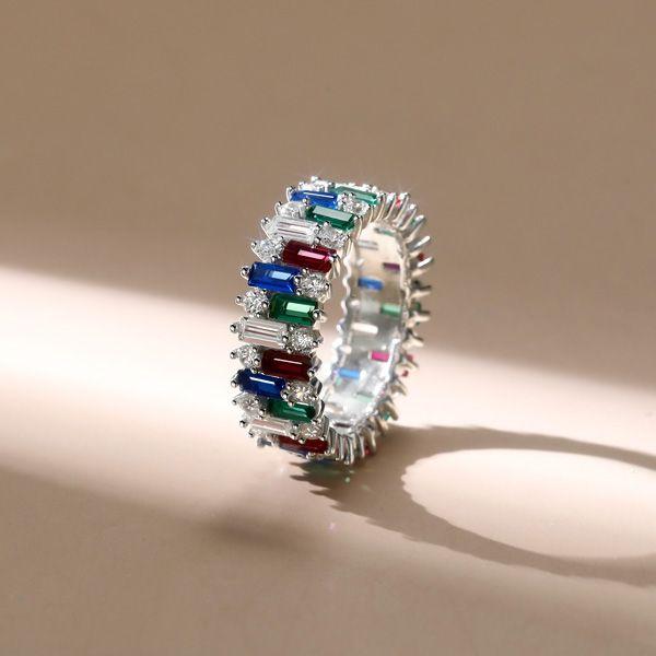 Multi-Color Baguette Cut Eternity Band - Sterling Silver Anniversary Ring