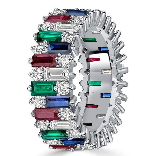 Multi-Color Baguette Cut Eternity Band - Sterling Silver Anniversary Ring