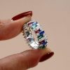 Multi-Color Baguette Cut Eternity Band - Sterling Silver Anniversary Ring