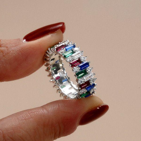 Multi-Color Baguette Cut Eternity Band - Sterling Silver Anniversary Ring