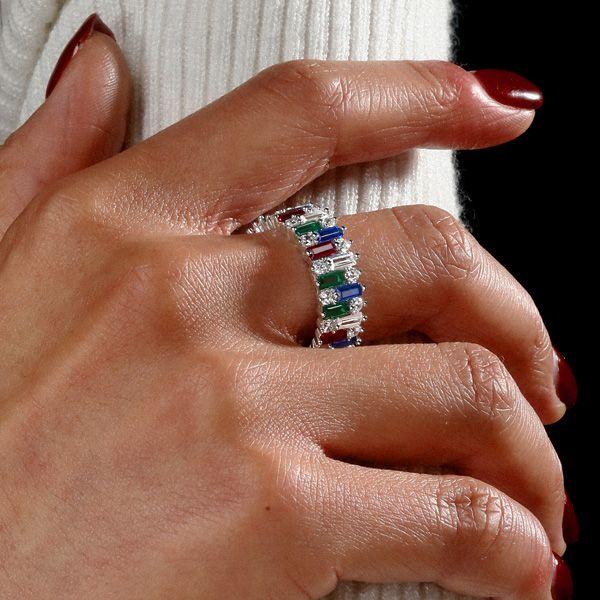 Multi-Color Baguette Cut Eternity Band - Sterling Silver Anniversary Ring