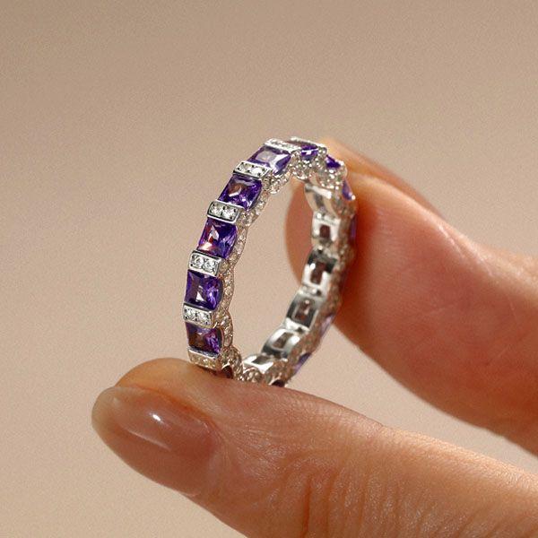 Princess Cut Amethyst Eternity Band Ring in Sterling Silver