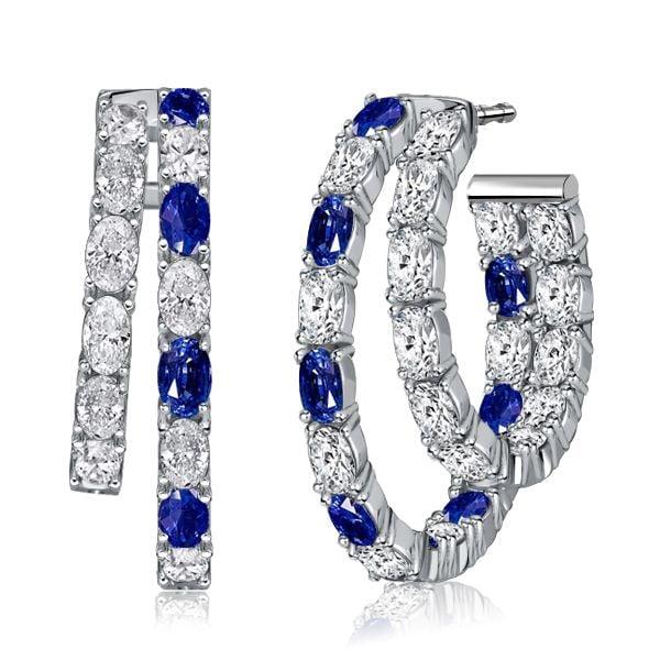 Sterling Silver Double Hoop Earrings Blue & White Oval Cut