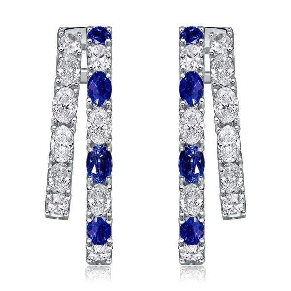 Sterling Silver Double Hoop Earrings Blue & White Oval Cut