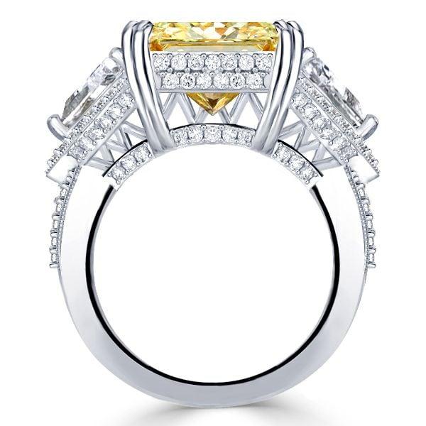 Three Stone Radiant Cut Yellow Topaz Engagement Ring in Rhodium Plated Sterling Silver