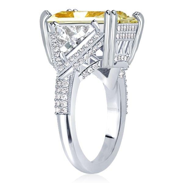 Three Stone Radiant Cut Yellow Topaz Engagement Ring in Rhodium Plated Sterling Silver