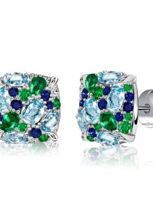 Aquamarine Sterling Silver Multi-Color Stud Earrings for Women