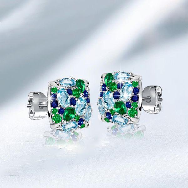 Aquamarine Sterling Silver Multi-Color Stud Earrings for Women