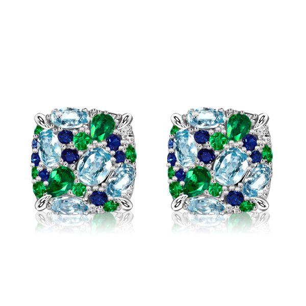 Aquamarine Sterling Silver Multi-Color Stud Earrings for Women