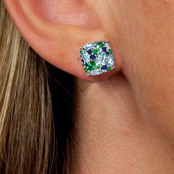 Aquamarine Sterling Silver Multi-Color Stud Earrings for Women