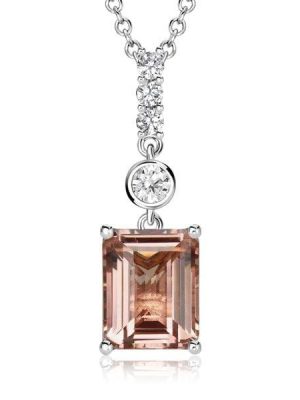 Emerald Cut Morganite Pendant Necklace in Rhodium-Plated Sterling Silver