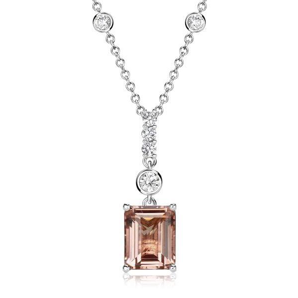 Emerald Cut Morganite Pendant Necklace in Rhodium-Plated Sterling Silver
