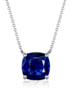 Cushion Cut Blue Sapphire Solitaire Pendant Necklace - Sterling Silver
