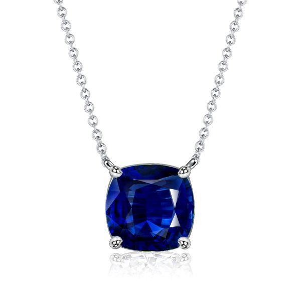 Cushion Cut Blue Sapphire Solitaire Pendant Necklace - Sterling Silver