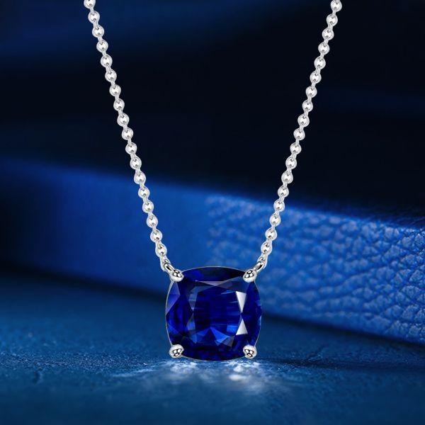 Cushion Cut Blue Sapphire Solitaire Pendant Necklace - Sterling Silver