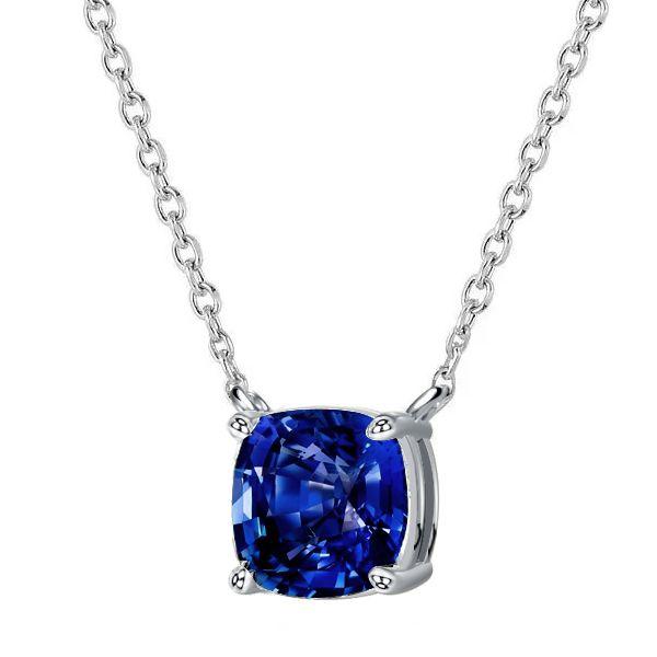 Cushion Cut Blue Sapphire Solitaire Pendant Necklace - Sterling Silver