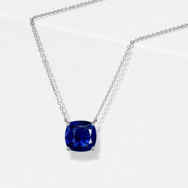 Cushion Cut Blue Sapphire Solitaire Pendant Necklace - Sterling Silver