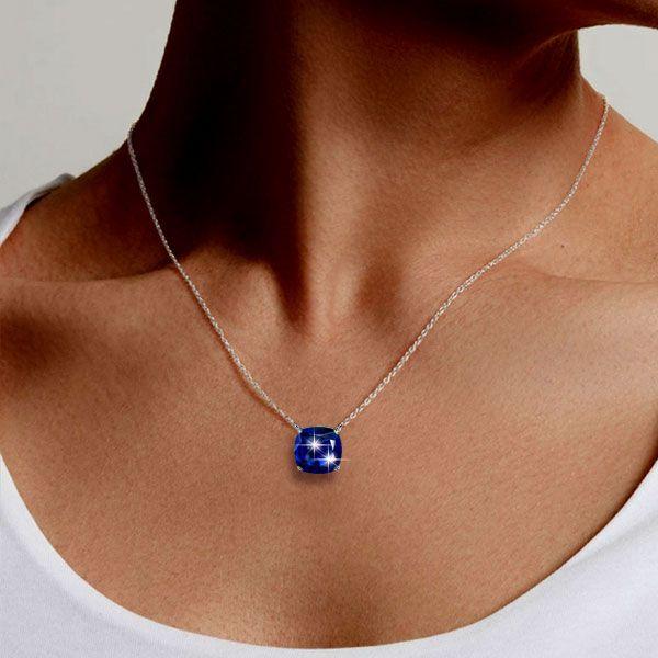 Cushion Cut Blue Sapphire Solitaire Pendant Necklace - Sterling Silver