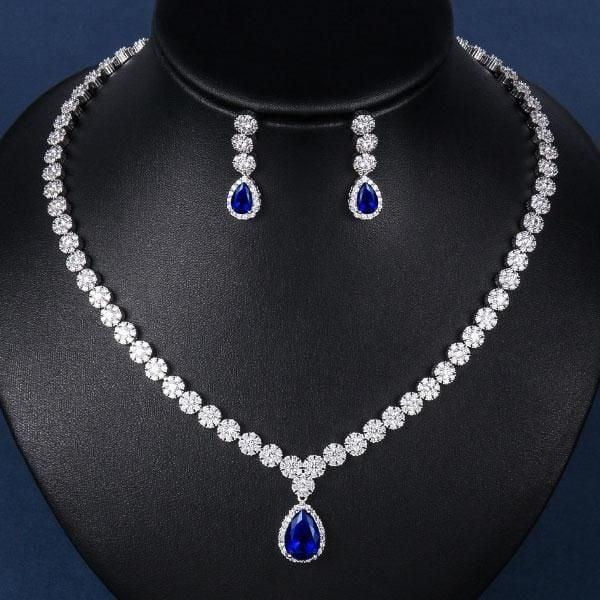 Sterling Silver Plated Created Sapphire Necklace and Earring Jewelry Set