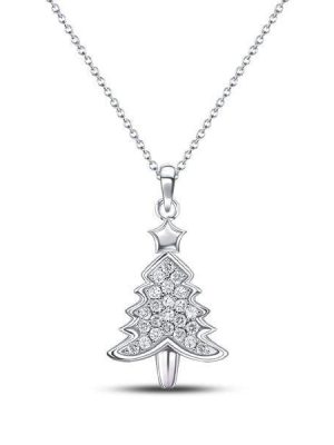 Sterling Silver White Sapphire Christmas Tree Pendant Necklace