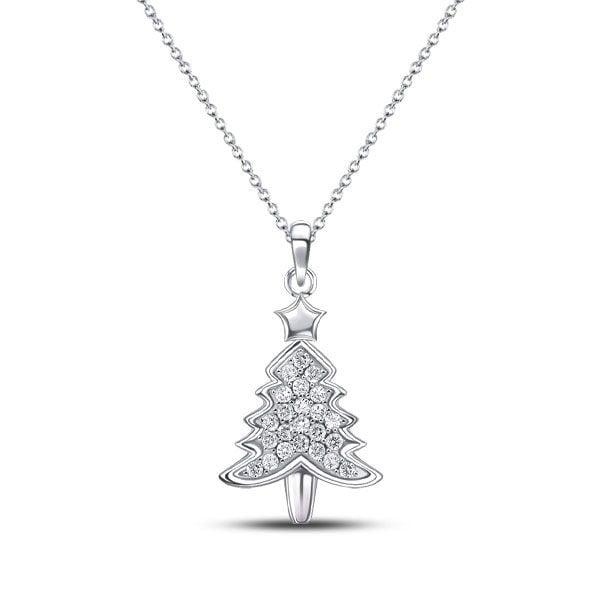 Sterling Silver White Sapphire Christmas Tree Pendant Necklace