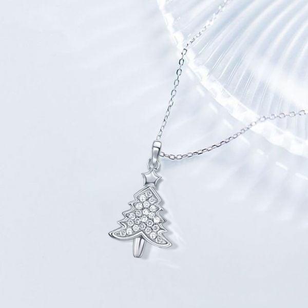 Sterling Silver White Sapphire Christmas Tree Pendant Necklace