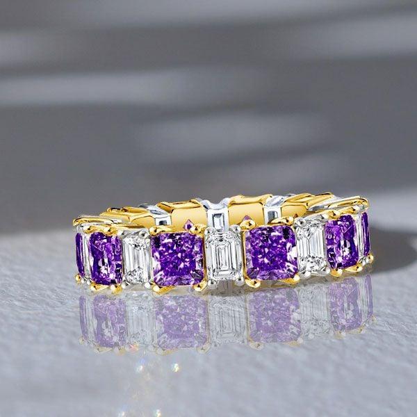 Two-Tone Princess Cut Amethyst Eternity Wedding Band in Sterling Silver